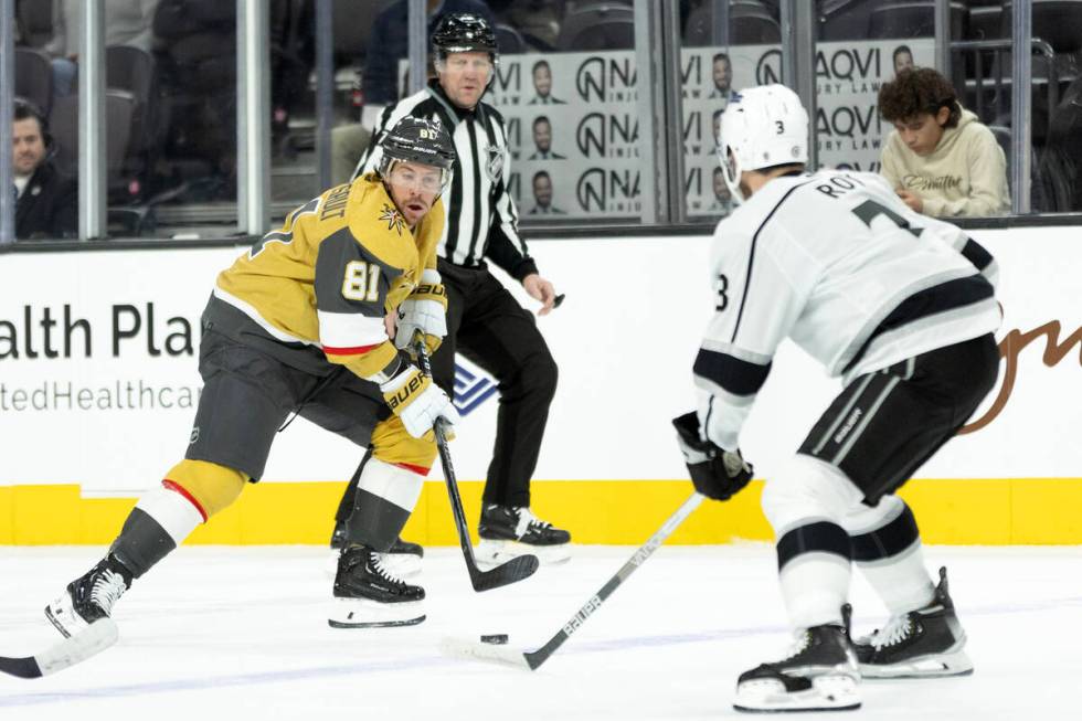 Golden Knights right wing Jonathan Marchessault (81) skates against Kings defenseman Matt Roy ( ...