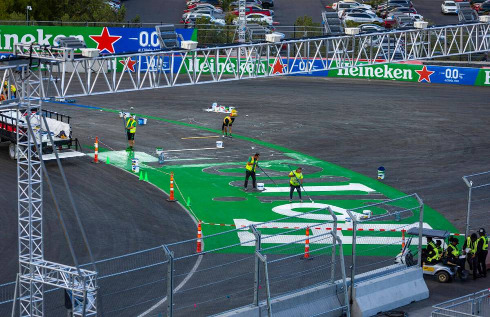 Turn One is painted on the track below the Sky Box adjacent to the Formula One Las Vegas Grand ...