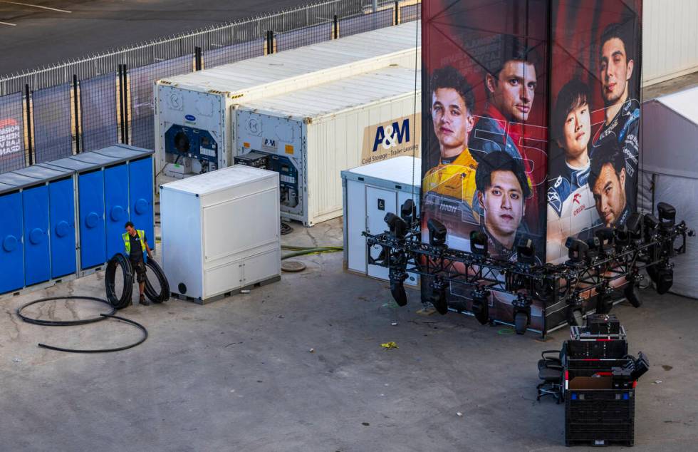 Racers are portrayed on a light panel below the Sky Box adjacent to the Formula One Las Vegas G ...