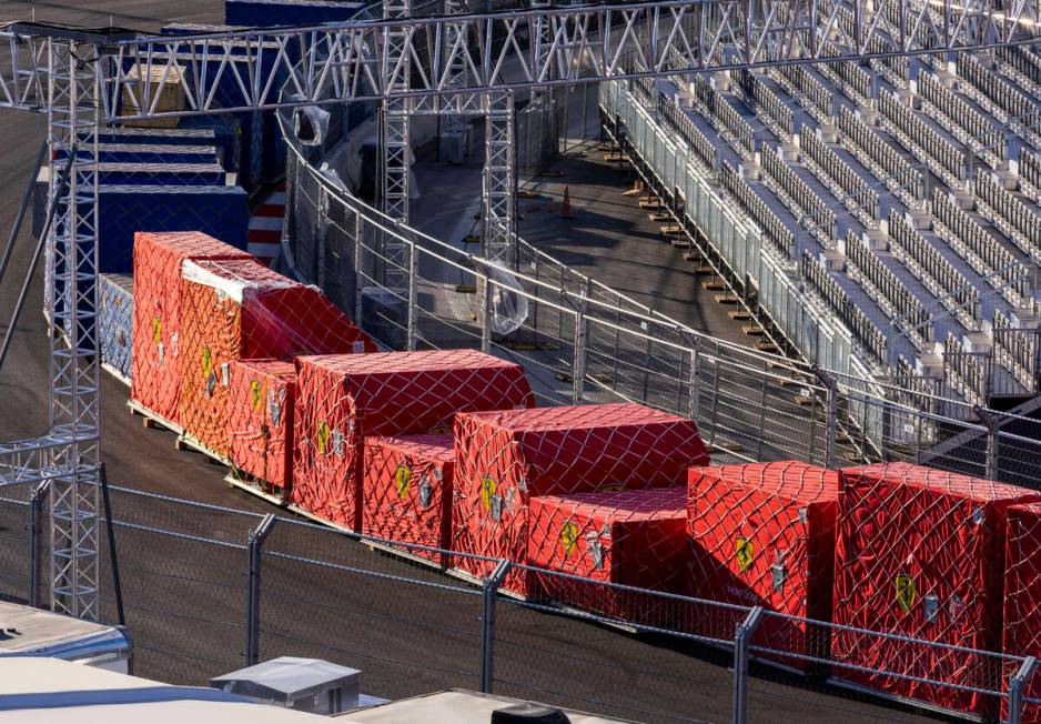 Boxes of equipment for team Ferrari await the crew outside the Formula One Las Vegas Grand Prix ...