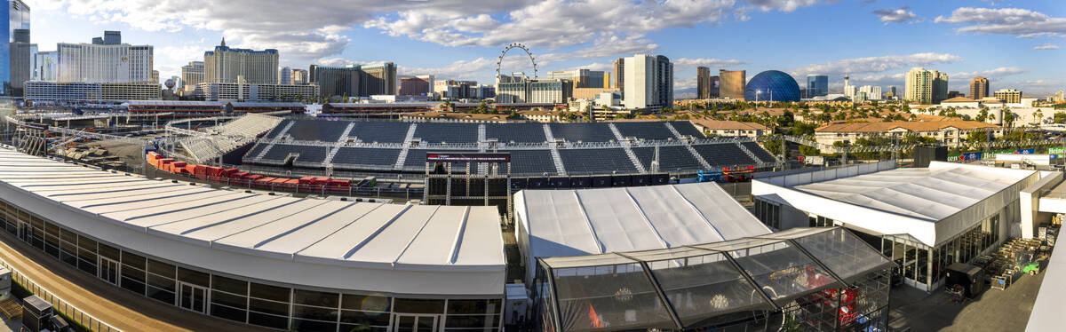 A view of the racetrack and stands along Koval Lane from the rooftop of the Formula One Las Veg ...