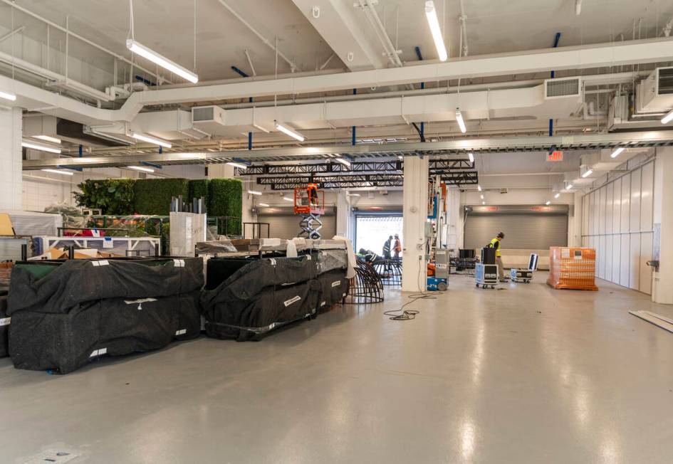 One of the many team garages within the Formula One Las Vegas Grand Prix pit building during a ...