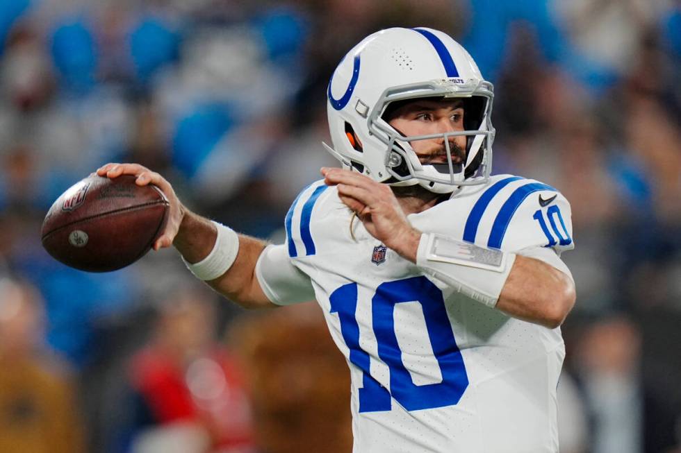 Indianapolis Colts quarterback Gardner Minshew passes against the Carolina Panthers during the ...