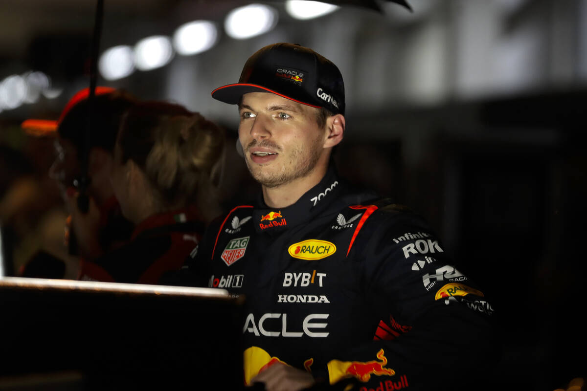 Red Bull driver Max Verstappen of the Netherlands talks with the media at the end of the qualif ...