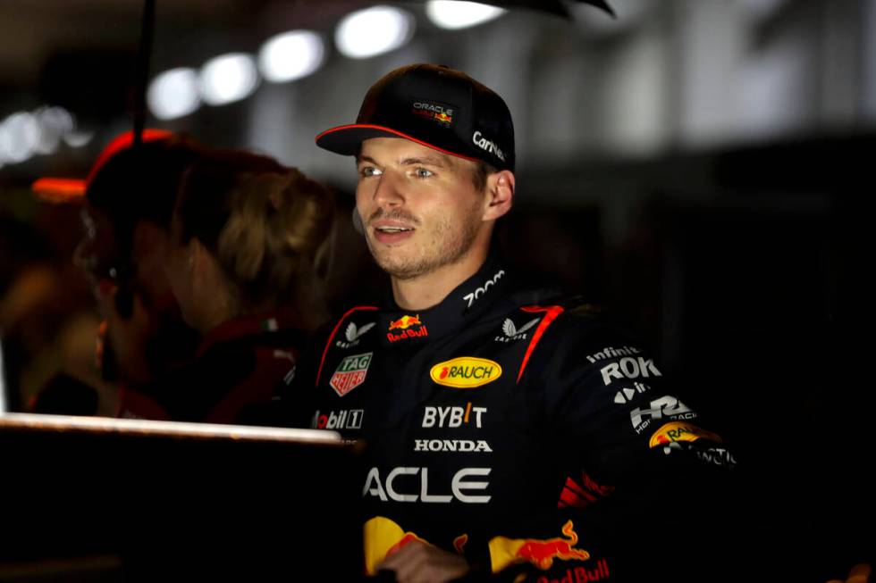Red Bull driver Max Verstappen of the Netherlands talks with the media at the end of the qualif ...