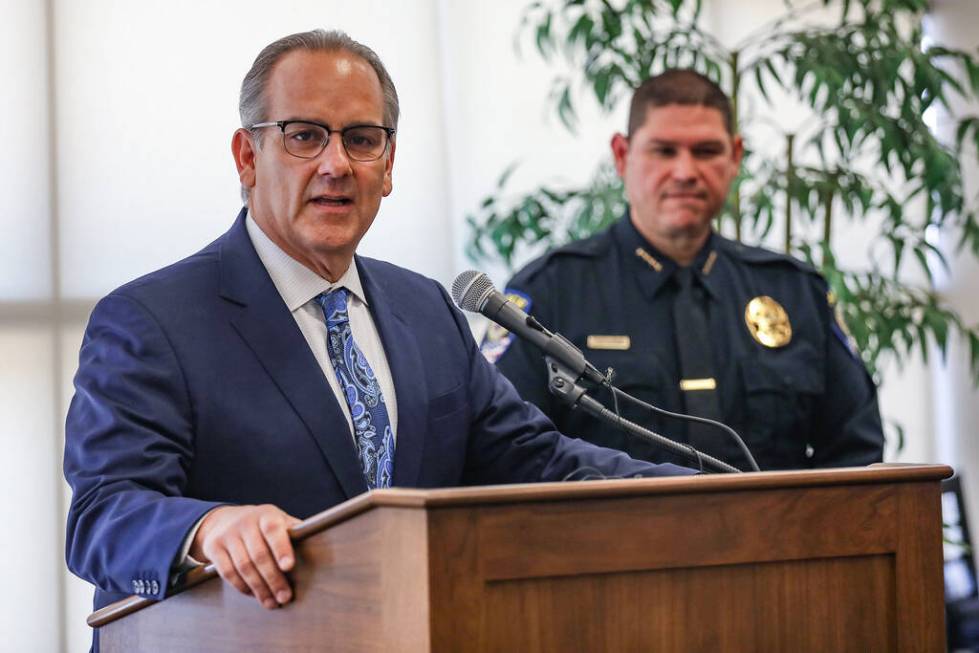 Clark County School District Superintendent Jesus Jara speaks next to CCSD Police Chief Henry B ...