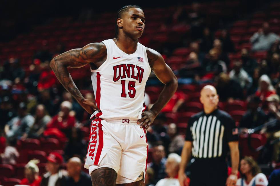 UNLV guard Luis Rodriguez (15) reacts as UNLV loses 85-71 to Southern during a game at Thomas & ...