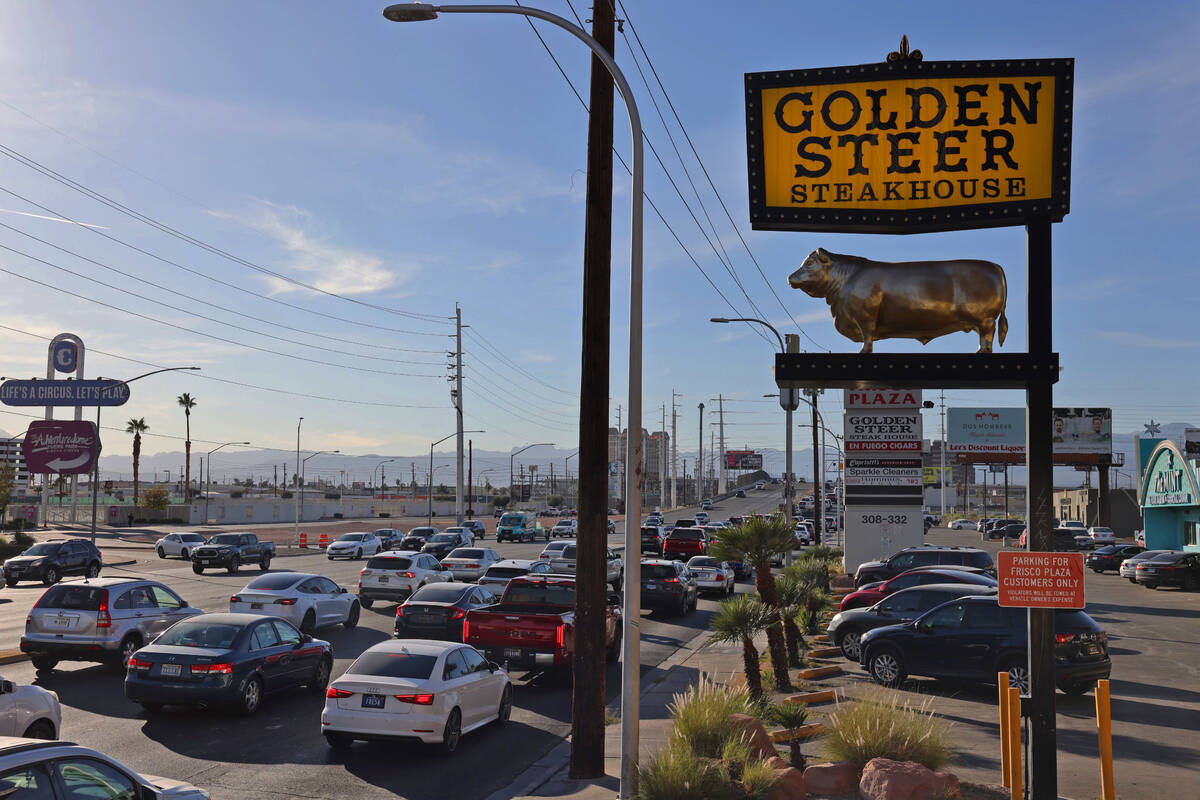 Traffic passes by the Golden Steer on Friday, Nov. 10, 2023, in Las Vegas. (Kevin Cannon/Las Ve ...