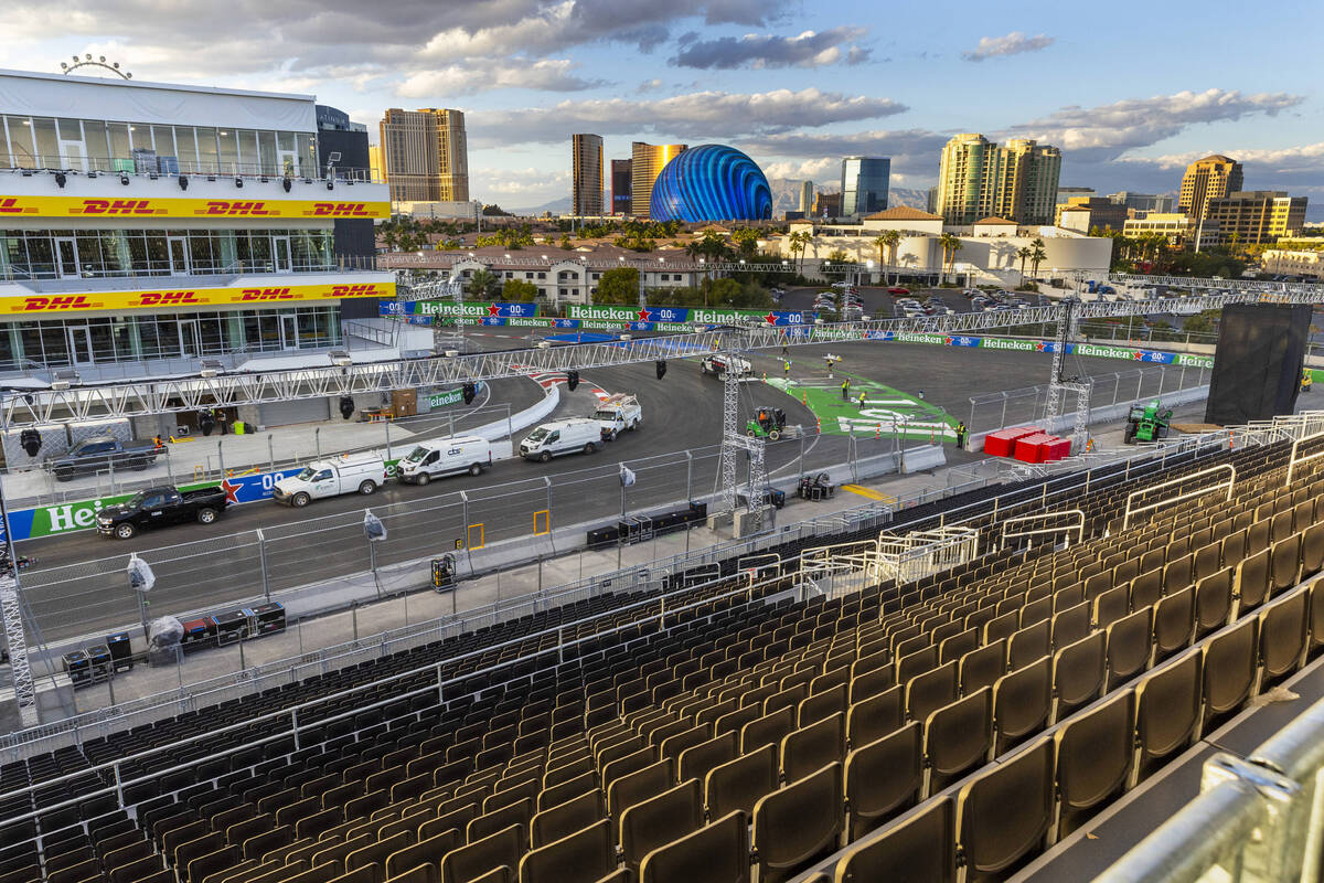 Turn One is painted on the track below the Sky Box adjacent to the Formula One Las Vegas Grand ...