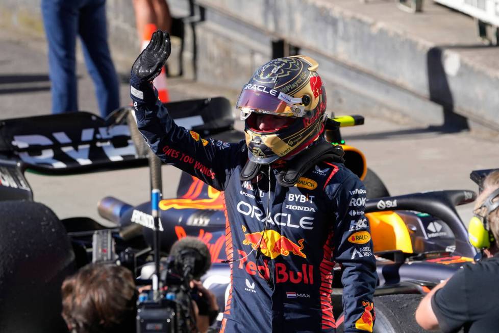 Red Bull driver Max Verstappen of the Netherlands waves after his first place sprint finish, a ...