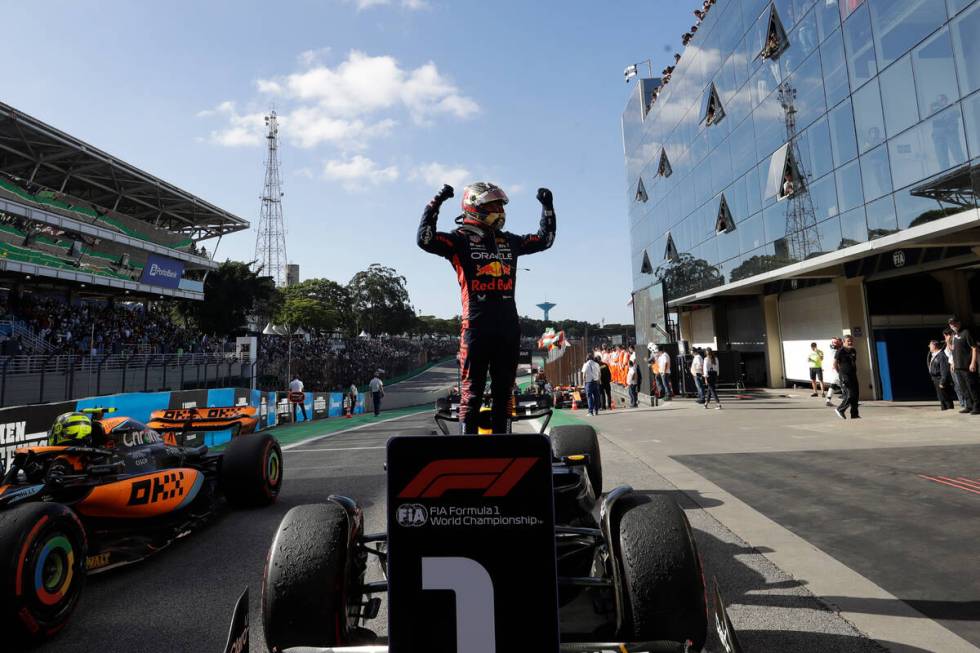 Red Bull driver Max Verstappen of the Netherlands celebrates finishing first in the Brazilian F ...