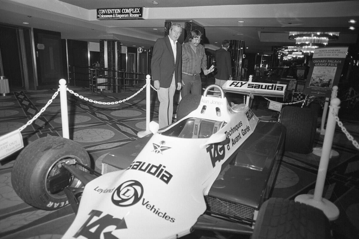 Promotional shot from Caesars Palace where David Mosley, on the left, is shown with the 1980 FW ...