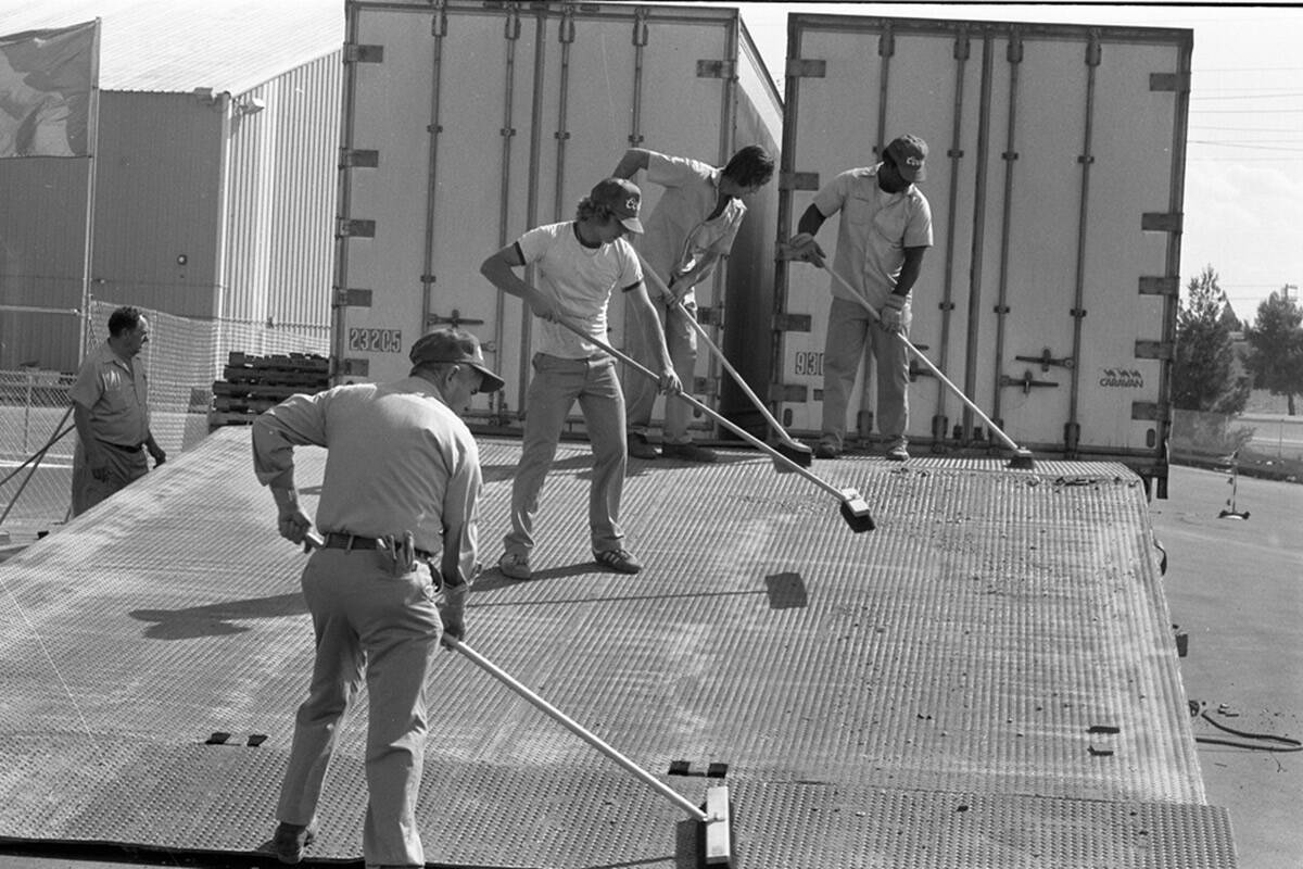 Trucks lined up to unpack and drop off the Formula One race cars and racecar teams. (Las Vegas ...