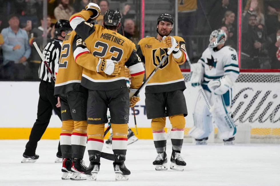 Vegas Golden Knights defenseman Alec Martinez (23) celebrates after scoring against the San Jos ...