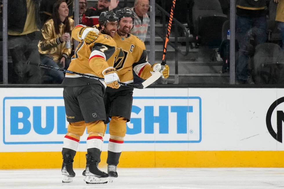 Vegas Golden Knights defenseman Alex Pietrangelo (7) celebrates after scoring against the San J ...