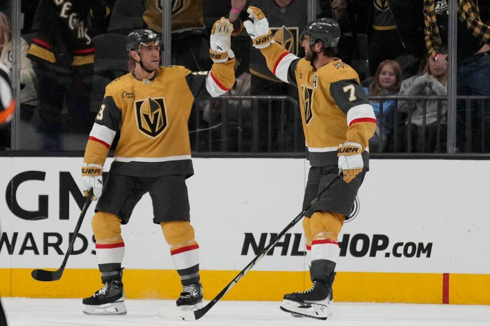 Vegas Golden Knights defenseman Alex Pietrangelo (7) celebrates after Vegas Golden Knights defe ...