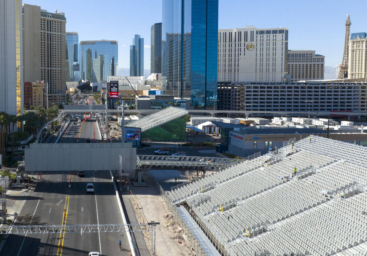 OCT. 24, 2023: An aerial photograph shows the view of a pedestrian bridge over Harmon Avenue an ...