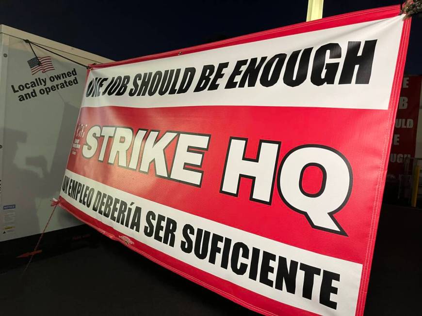 Signs are prepared for a potential strike at Culinary Local 226 headquarters on Monday, Nov. 6, ...