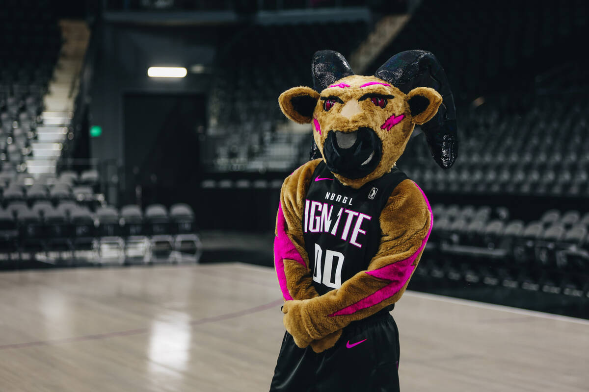 Bluff, NBA G League Ignite’s new mascot, poses at the Dollar Loan Center Arena on Wednes ...