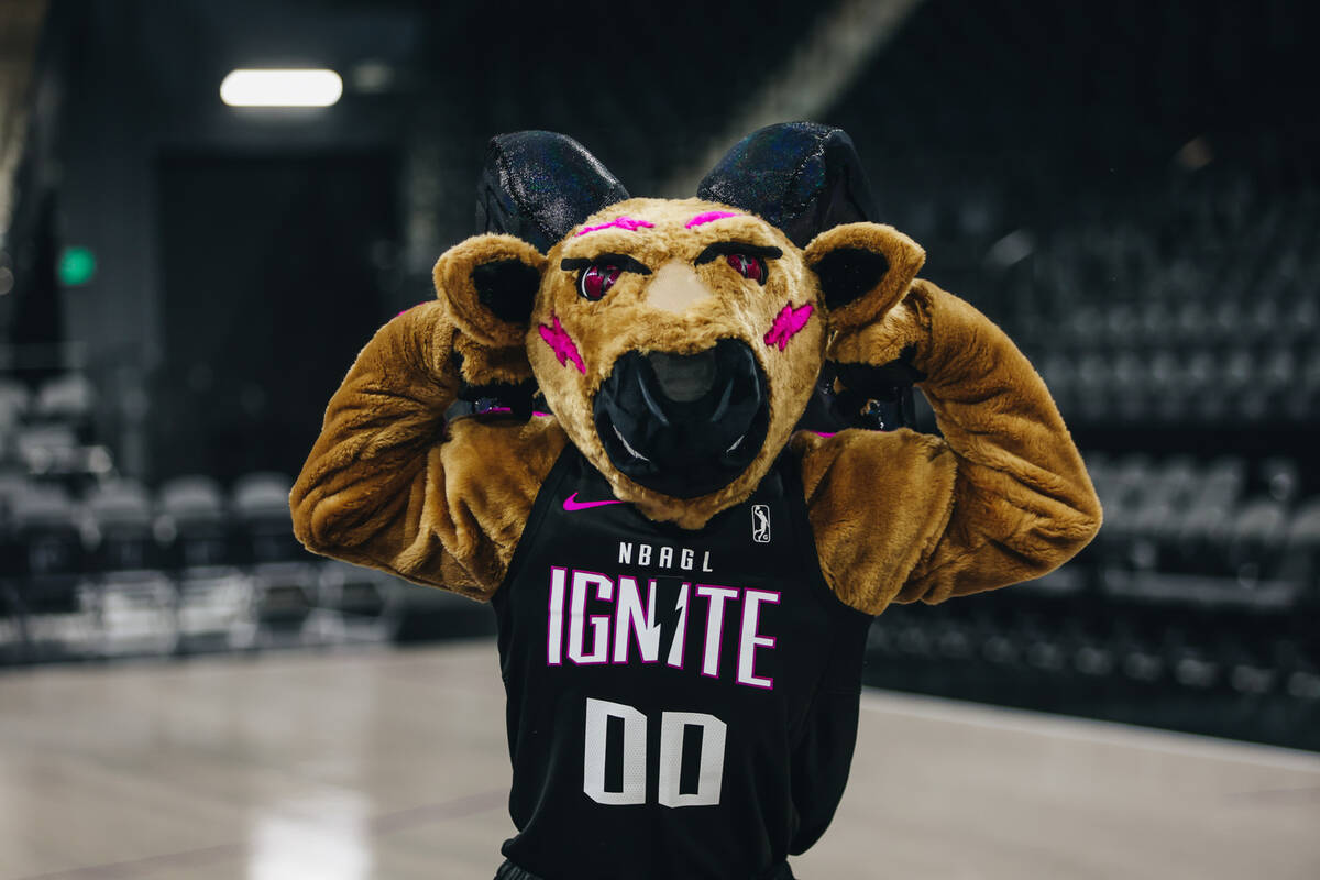 Bluff, NBA G League Ignite’s new mascot, poses at the Dollar Loan Center Arena on Wednes ...