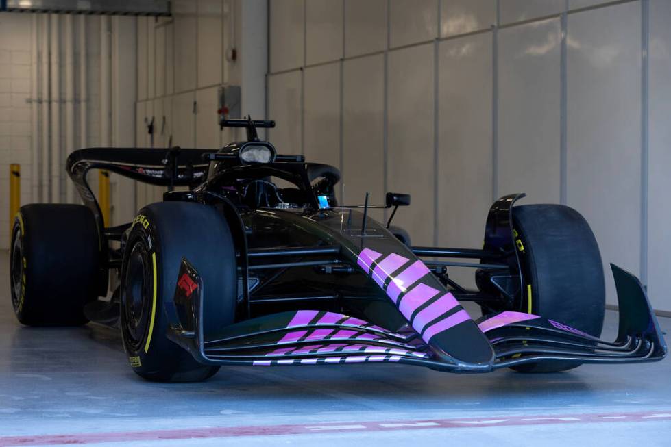 A Formula One show car sits on display during a Las Vegas Grand Prix news conference at the F1 ...