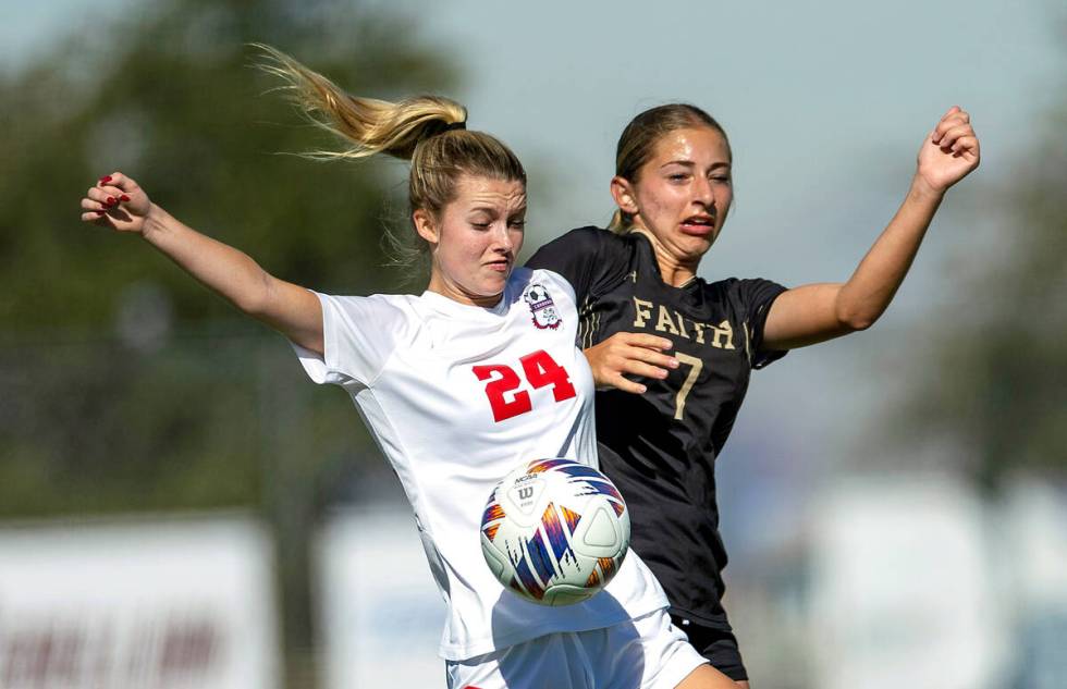 Coronado midfielder Aubrey Wagner (24) controls the ball against Faith Lutheran midfielder Juli ...