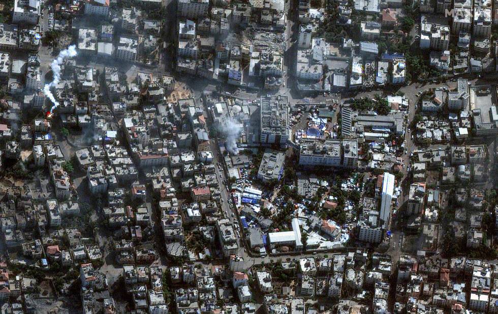 This image provided by Maxar Technologies shows al-Shifa hospital and surroundings in Gaza City ...