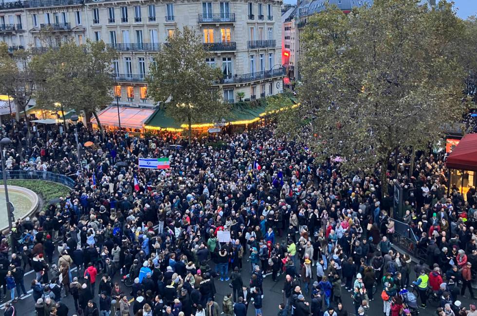 Thousands gather for a march against antisemitism in Paris, France, Sunday, Nov. 12, 2023. Fren ...