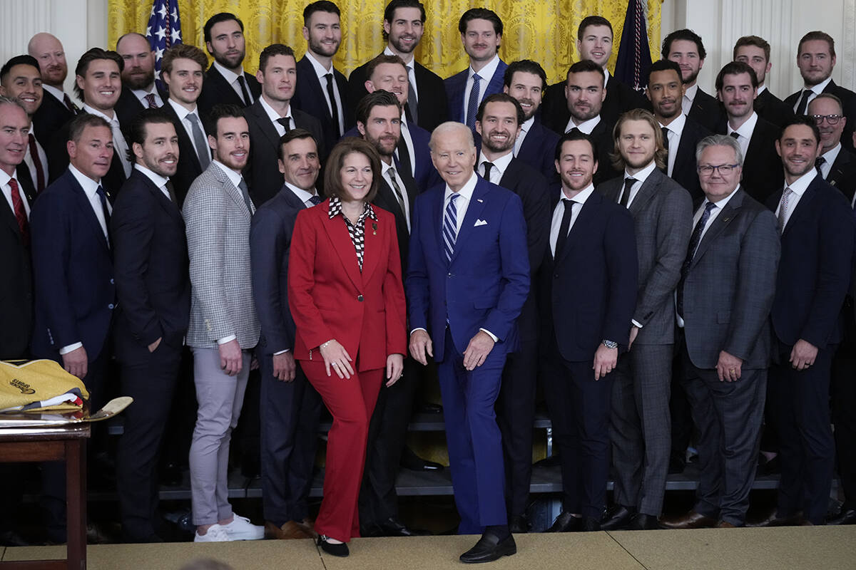 President Joe Biden stands for a photo during an event to celebrate the Vegas Golden Knights in ...