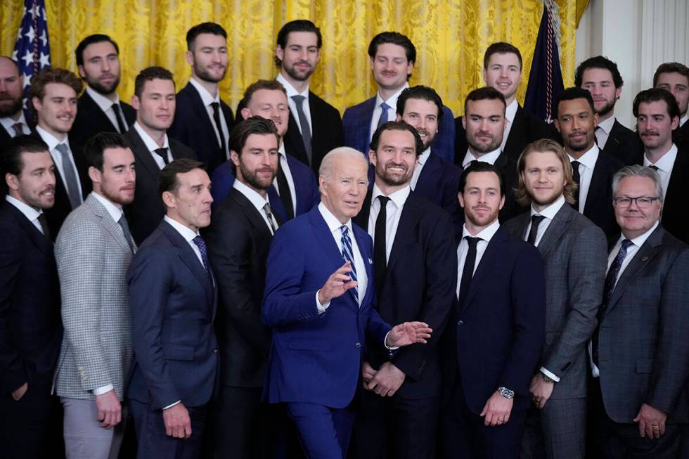 President Joe Biden stands for a photo during an event to celebrate the Vegas Golden Knights in ...