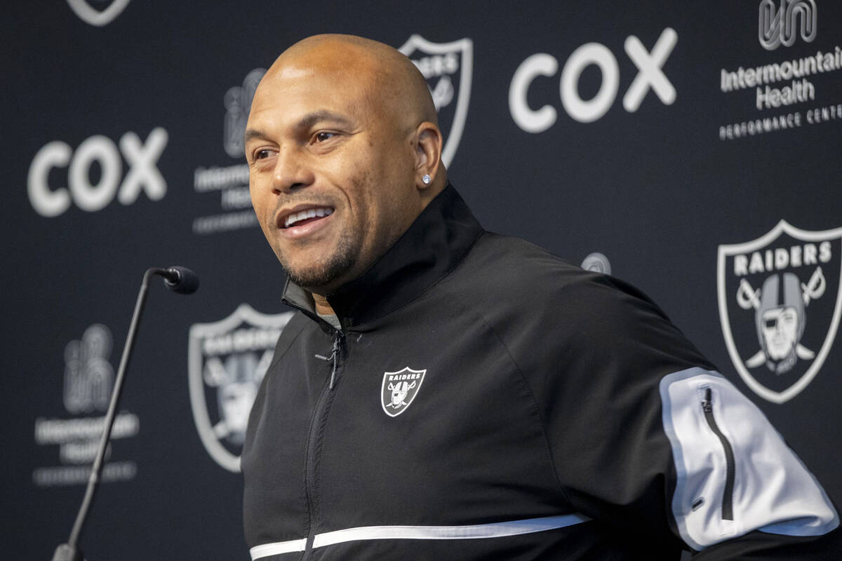 Raiders interim head coach Antonio Pierce addresses the media during a news conference at the I ...