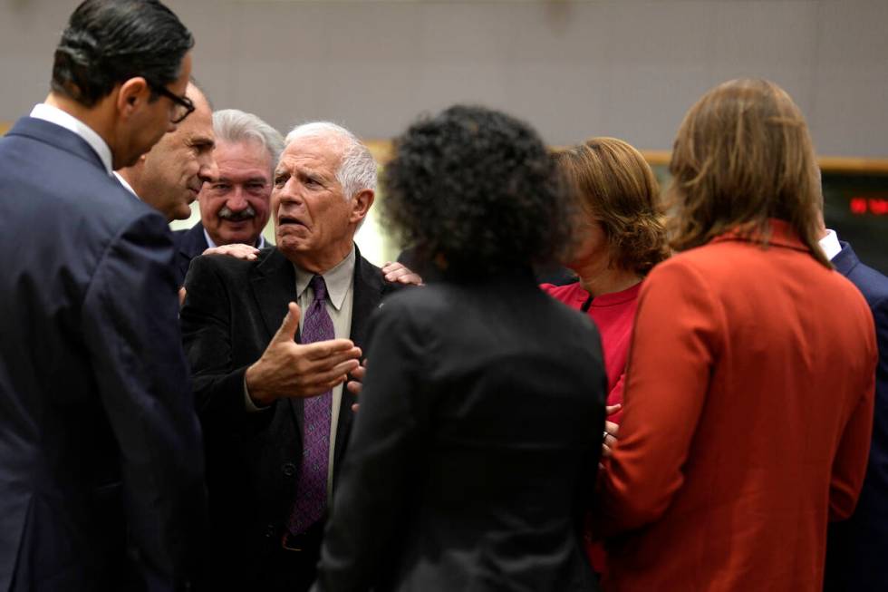 European Union foreign policy chief Josep Borrell, fourth left, speaks with from left, Cypriot ...