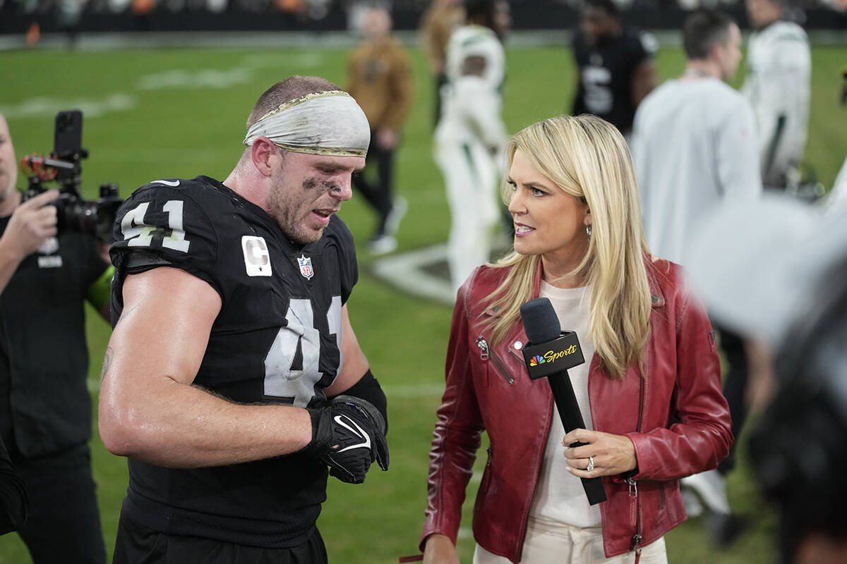 Las Vegas Raiders linebacker Robert Spillane is interviewed by NBC sports sideline reporter Mel ...