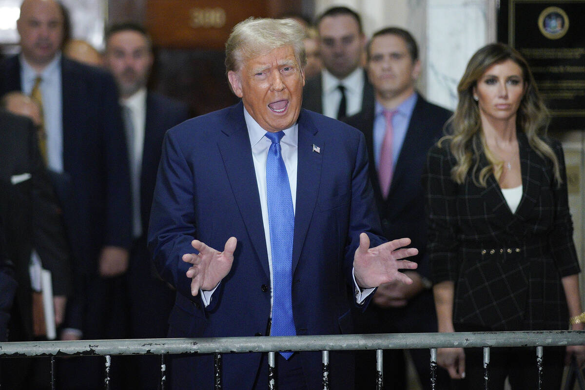 Former President Donald Trump speaks outside the courtroom after testifying at New York Supreme ...