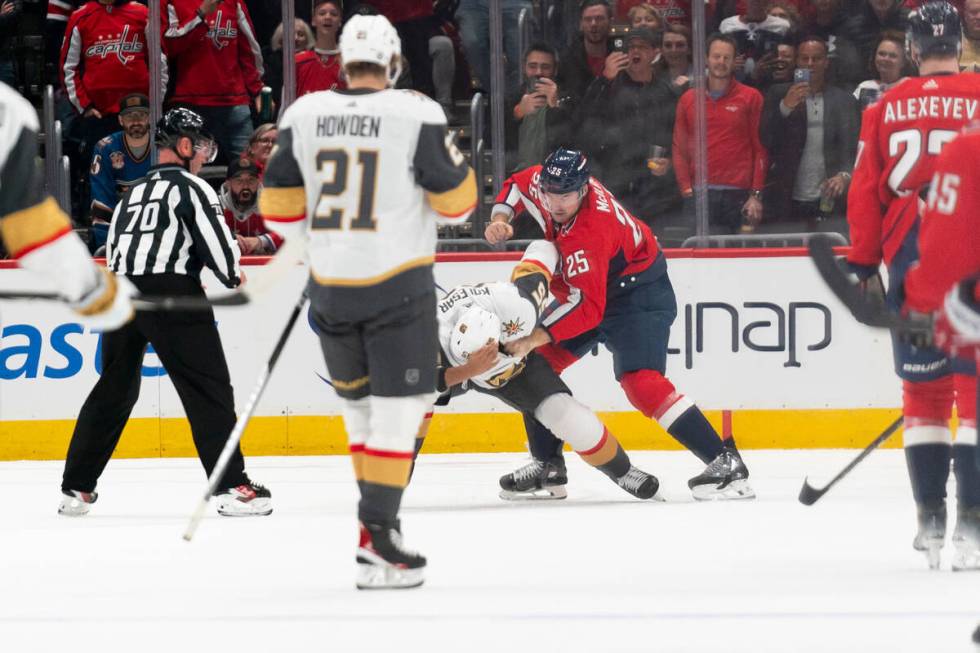 Washington Capitals defenseman Dylan McIlrath (25) and Vegas Golden Knights right wing Keegan K ...