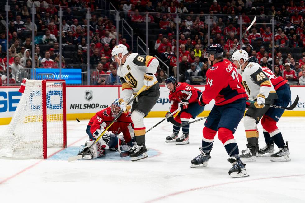 Washington Capitals goaltender Charlie Lindgren (79) defends the net against Vegas Golden Knigh ...