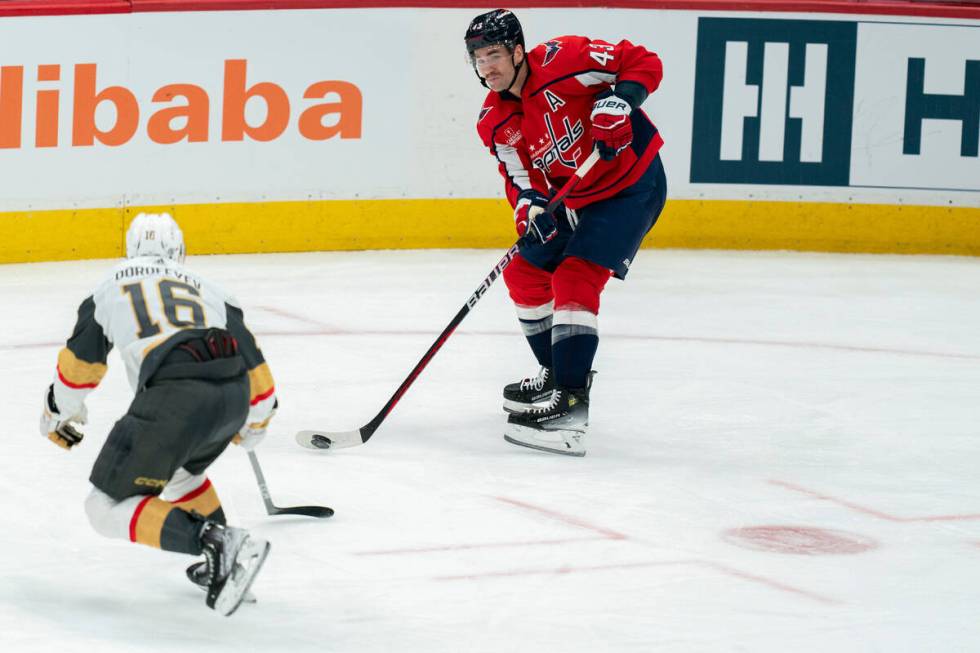 Washington Capitals right wing Tom Wilson takes a shot against Vegas Golden Knights left wing P ...