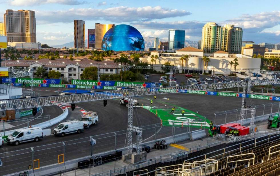 Turn One is painted on the track below the Sky Box adjacent to the Formula One Las Vegas Grand ...