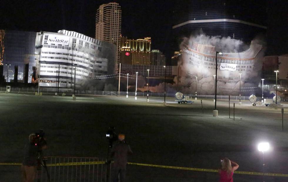 The final tower of the Riviera hotel-casino comes tumbling down during an implosion on Tuesday, ...