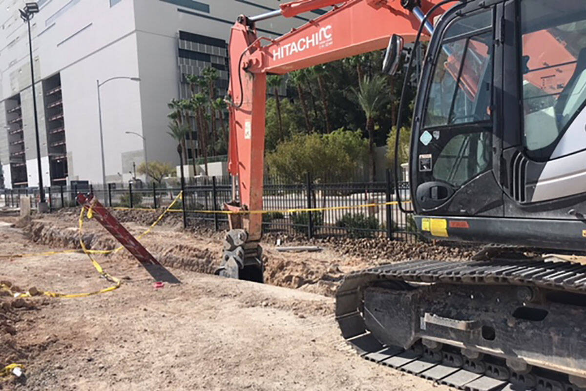 A construction trench is seen at the former site of the Riviera in Las Vegas on Aug. 25, 2018. ...