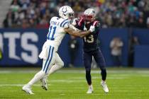 New England Patriots cornerback Jack Jones (13) battles against Indianapolis Colts wide receive ...