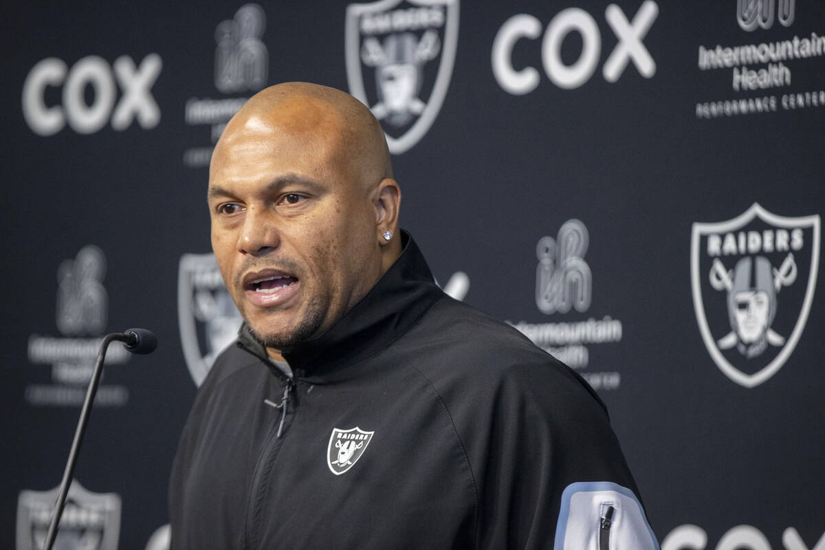 Raiders interim head coach Antonio Pierce addresses the media during a news conference at the I ...