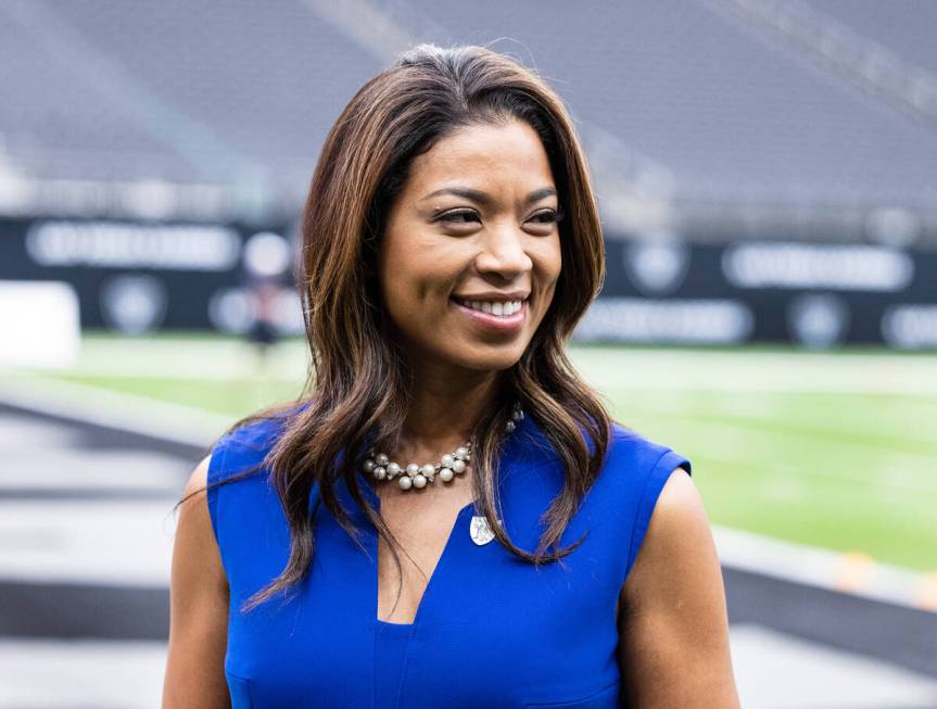 Raiders team president Sandra Douglass Morgan listens to reporter's questions during an intervi ...