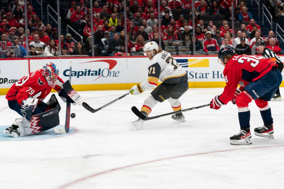 Washington Capitals goaltender Charlie Lindgren (79) defends the net against Vegas Golden Knigh ...