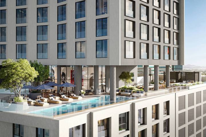 This artist's rendering shows the pool at the luxury high-rise Cello Tower at Symphony Park in ...