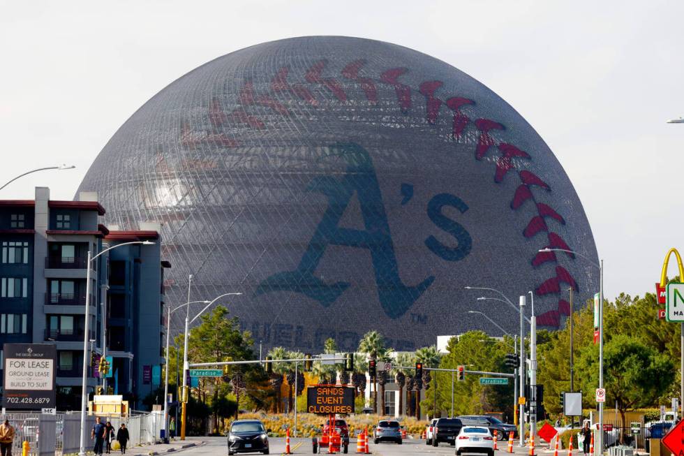 The MSG Sphere displays A's message after MLB owners approved the relocation of the Oakland Ath ...