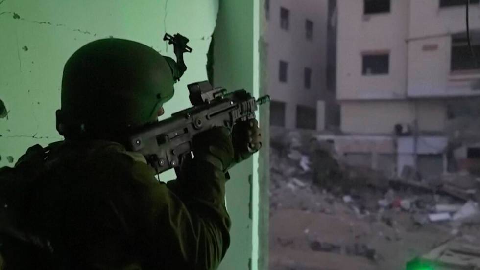 In this image taken from a video released by the Israeli Defense Forces on Nov. 14, 2023, an Is ...