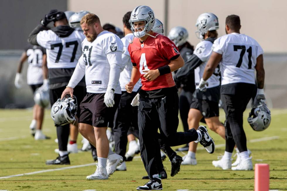 Raiders quarterback Aidan O'Connell (4) runs to drills during practice at the Intermountain Hea ...