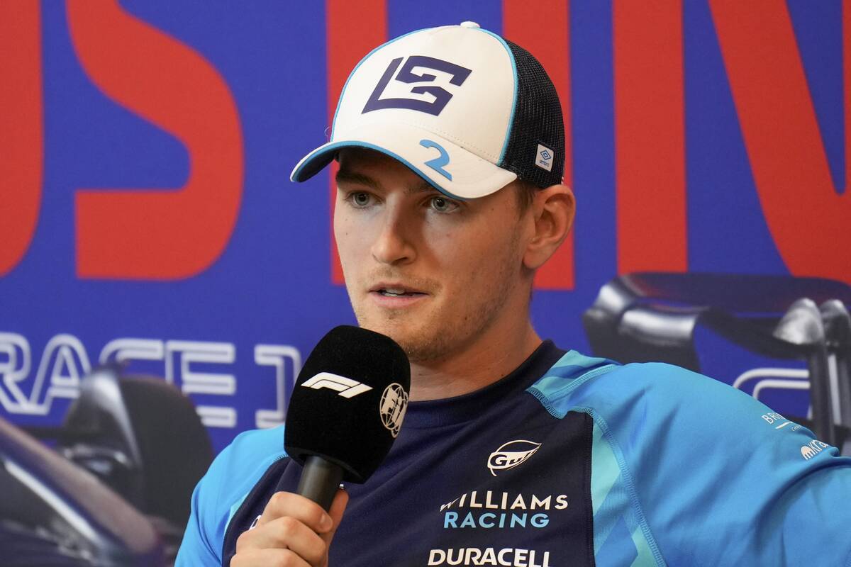 Williams driver Logan Sargeant, of the United States, speaks during a news conference before th ...