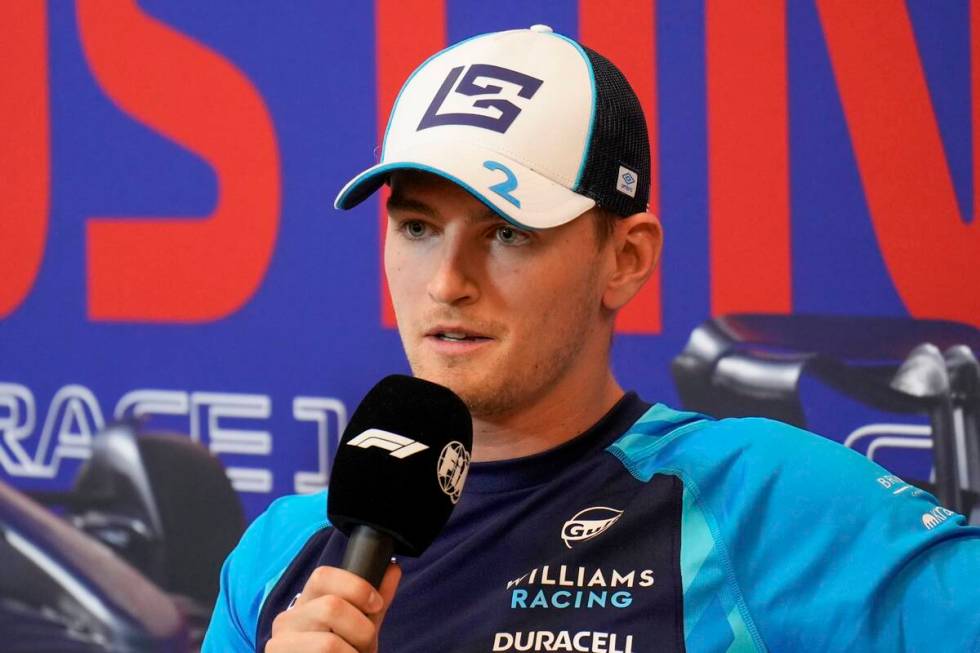 Williams driver Logan Sargeant, of the United States, speaks during a news conference before th ...